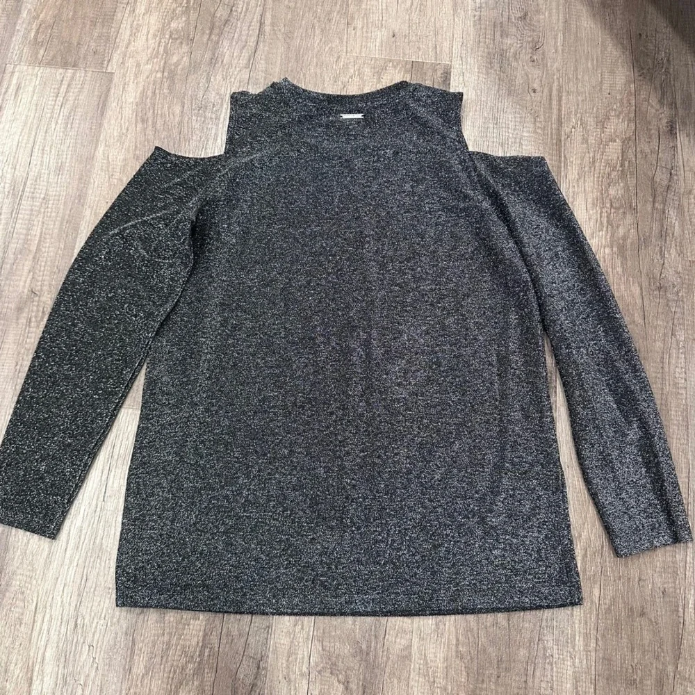 NWT Michael Kors Black Silver Sparkle Cold Shoulder LS‎ Top Blouse SizE L